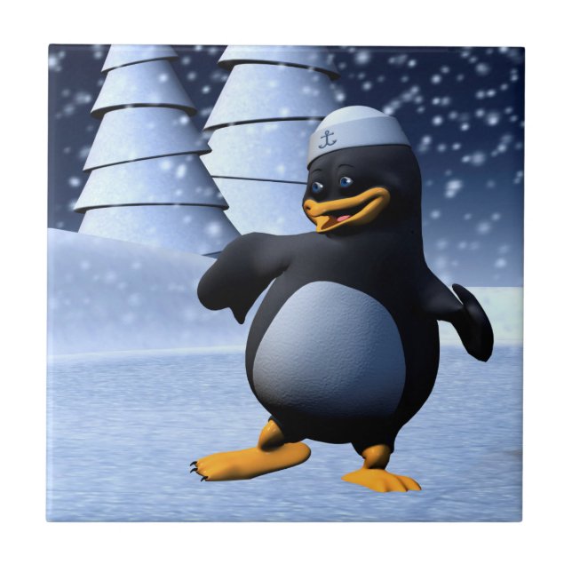 Cute Winter Sailor Penguin Snowy Holiday Art Tile (Front)