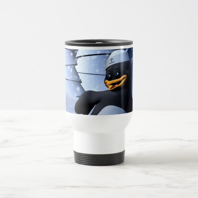 Cute Winter Sailor Penguin Snowy Holiday Art Travel Mug (Center)