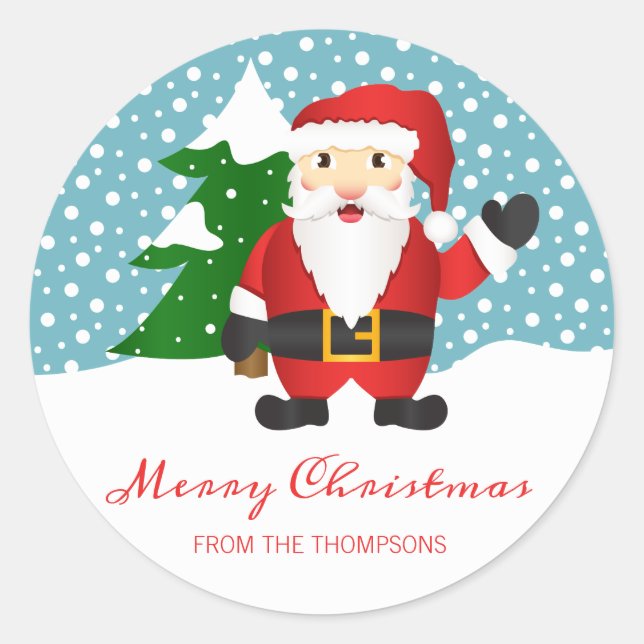 Cute Winter Santa And Personalised Name Christmas Classic Round Sticker (Front)