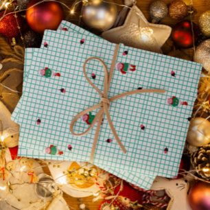 Cute Winter Sheep & Acorns on Mint Grid- Christmas Wrapping Paper Sheet