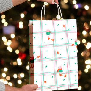 Cute Winter Sheep & Pinecones on Mint-Coral Plaid Medium Gift Bag