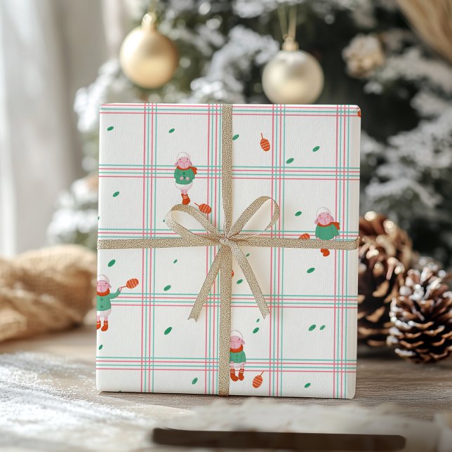 Cute Winter Sheep & Pinecones on Mint-Coral Plaid Wrapping Paper (Creator Uploaded)