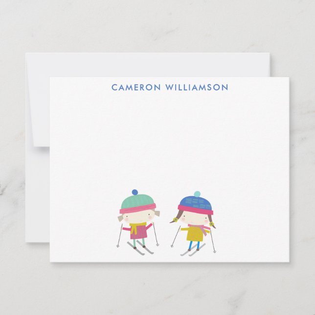 Cute Winter Skiing Kids Personalised Stationery Card (Front)