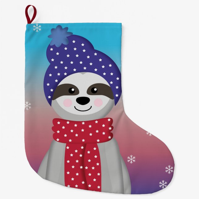 Cute Winter Sloth Large Christmas Stocking (Front)