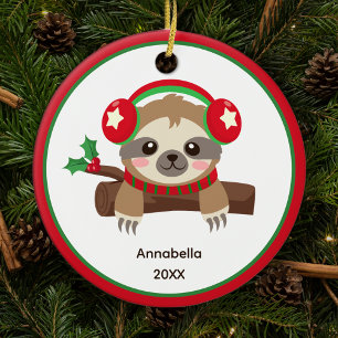 Cute Winter Sloth Personalized Kids Christmas Ceramic Tree Decoration