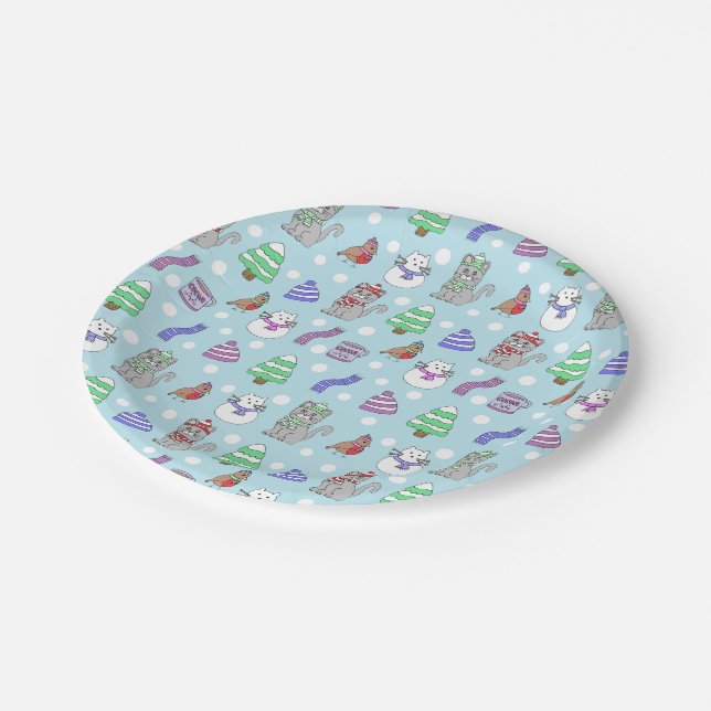 Cute Winter Snow Cat Hand Drawn Doodles Pattern Paper Plate (Angled)