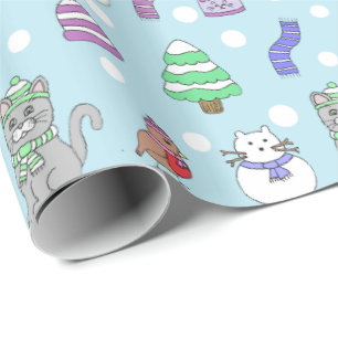 Cute Winter Snow Cat Hand Drawn Doodles Pattern Wrapping Paper