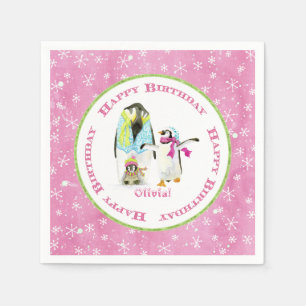 Cute Winter Snow Penguins Birthday Party Girl Pink Napkin