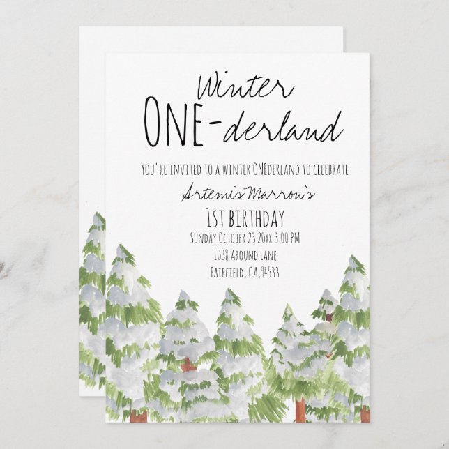 Cute winter snow trees kid birthday invite (Front/Back)