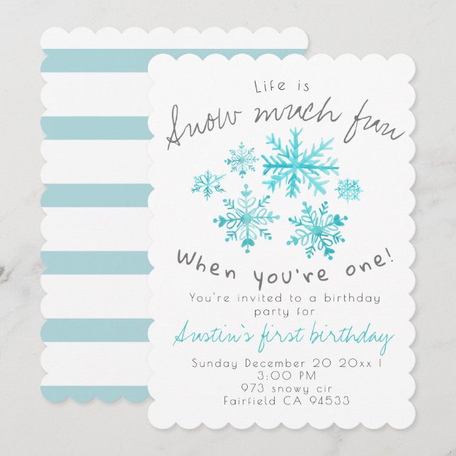 Cute winter snowflake first birthday invite (Front/Back)