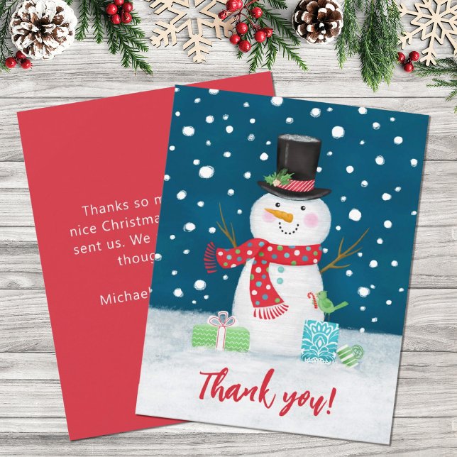 Cute Winter Snowman Christmas Thank You Holiday Card (A cute, festive Christmas holiday snowman thank you card.)