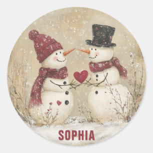 Cute Winter Snowman Heart Add Name Classic Round Sticker