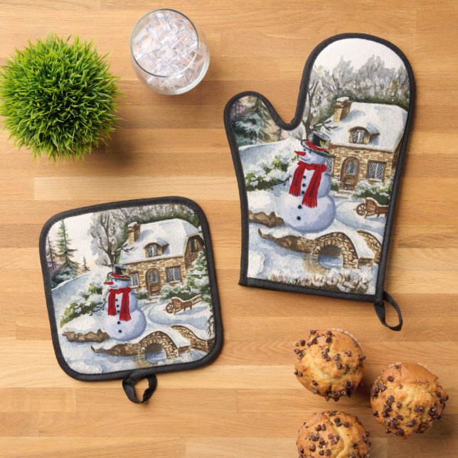 Cute Winter snowman  Oven Mitt & Pot Holder Set (Top Down)