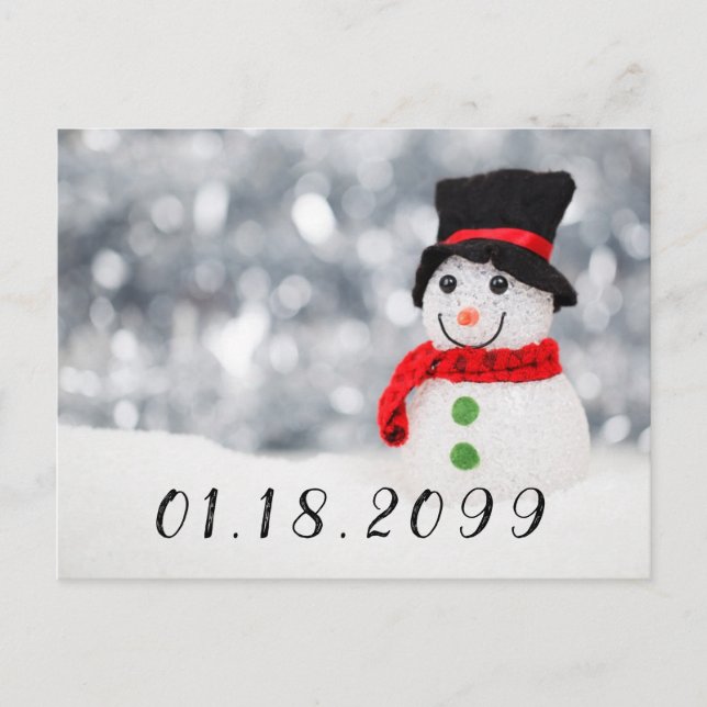 Cute Winter Snowman w Red Scarf and Black Top Hat Announcement Postcard (Front)