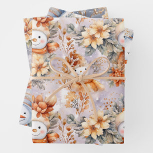 Cute Winter Snowmen Floral Scene Cream Watercolor Wrapping Paper Sheet