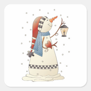 Cute Winter Snowwoman with Lantern  Square Sticker