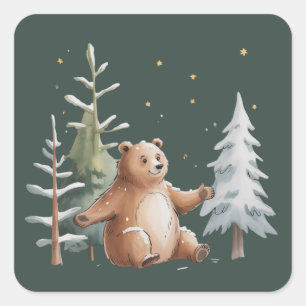Cute Winter Snowy Bear Whimsical Woodland Winter Square Sticker