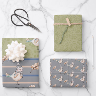 Cute Winter Sparrow Watercolor Illustration Wrapping Paper Sheet