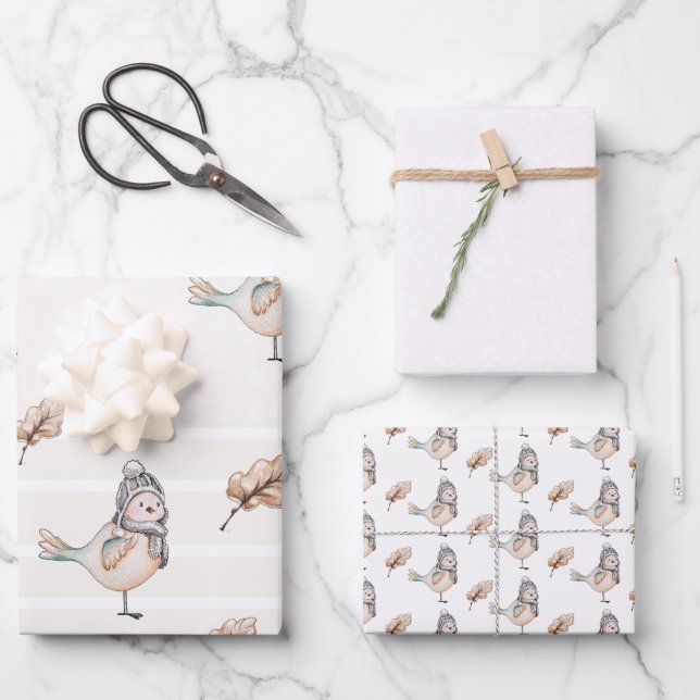 Cute Winter Sparrow Watercolor Illustration Wrapping Paper Sheet (Front)