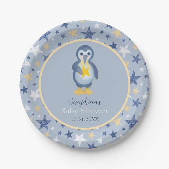 Cute Winter Star Penguin Baby Shower Paper Plate (Front)