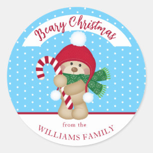 Cute Winter Teddy Bear Candy Cane Christmas    Classic Round Sticker