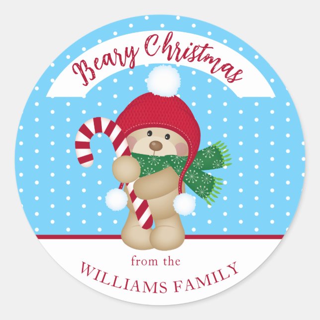 Cute Winter Teddy Bear Candy Cane Christmas    Classic Round Sticker (Front)