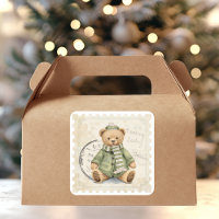 Cute Winter Teddy Bear in Green Coat Vintage