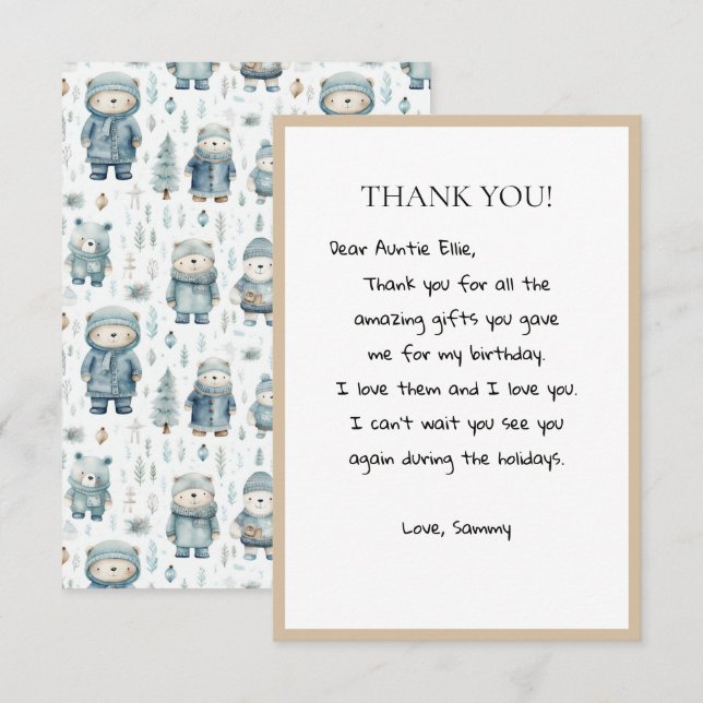 Cute Winter Teddy Bear Pattern Thank You Card (Front/Back)
