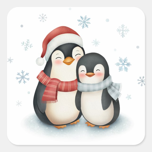 Cute Winter Themed Penguin Family Christmas Square Sticker (Front)
