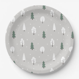 Cute Winter Tree & Snow Pattern Paper Plate