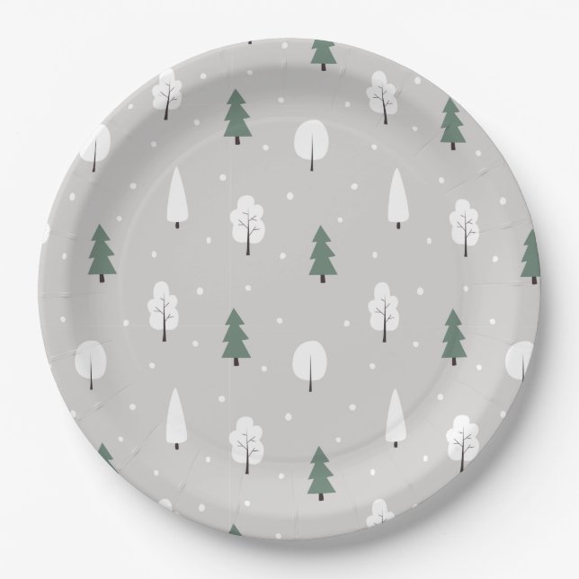 Cute Winter Tree & Snow Pattern Paper Plate (Front)