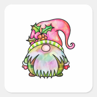 Cute Winter Watercolor Christmas Garden Gnome Square Sticker