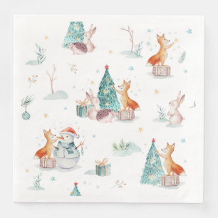 Cute winter wonderland snowman woodland animals napkin