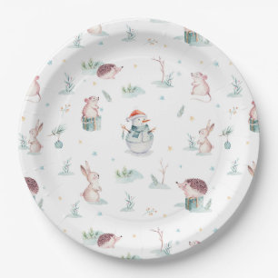 Cute winter wonderland snowman woodland animals paper plate