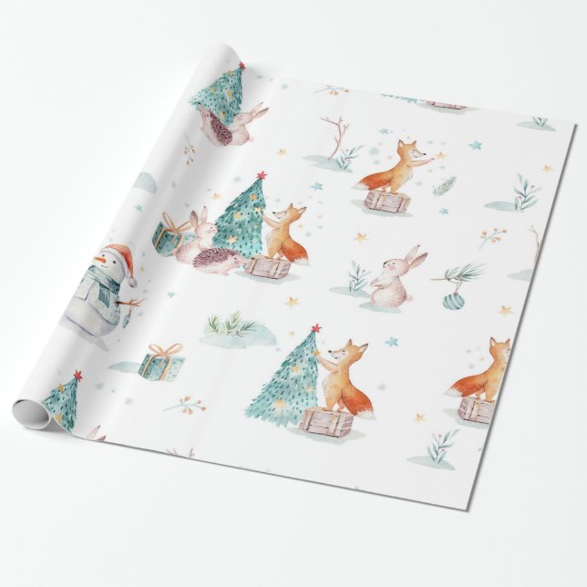 Cute winter wonderland snowman woodland animals wrapping paper (Unrolled)