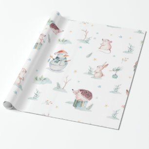 Cute winter wonderland snowman woodland animals wrapping paper