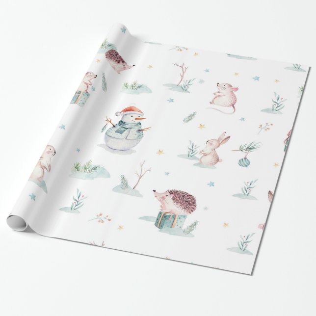 Cute winter wonderland snowman woodland animals wrapping paper (Unrolled)