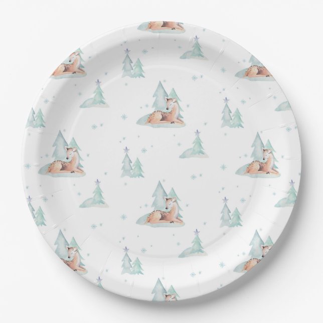 Cute winter wonderland woodland animals paper plate (Front)