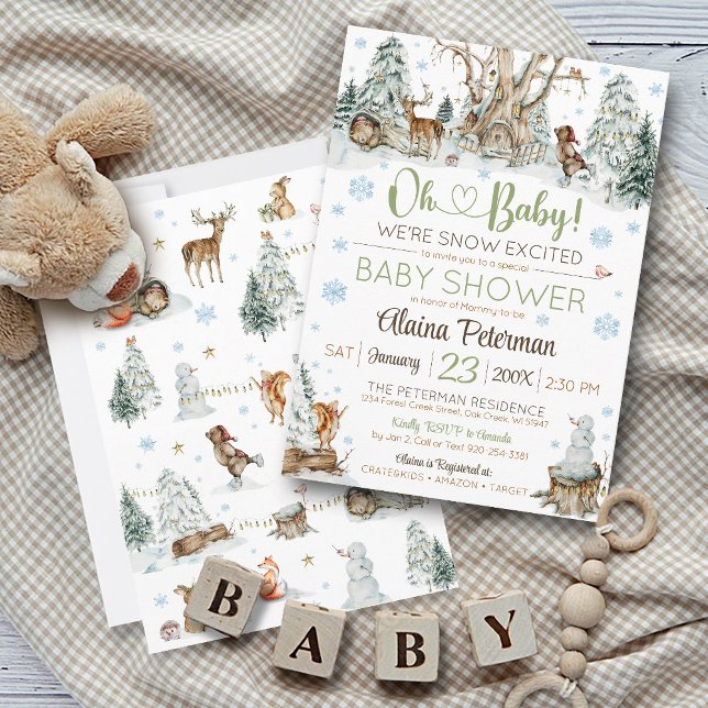 Cute Winter Woodland Animals Snowflake Baby Shower Invitation (Cute Winter Woodland Friends Forest Animals Oh Baby We're Snow Excited Snowflake baby shower invite)