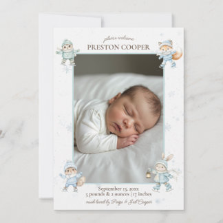 Cute winter woodland baby boy birth announcement