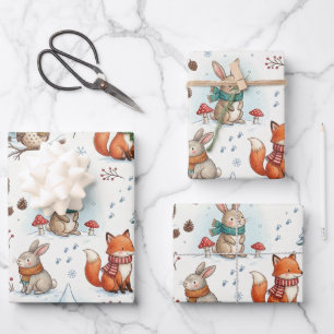Cute Winter Woodland Fox & Bunny Watercolor Wrapping Paper Sheet