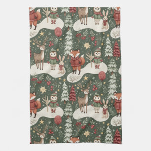 Cute Winter Woodland Friends – Holiday Animal (4) Tea Towel