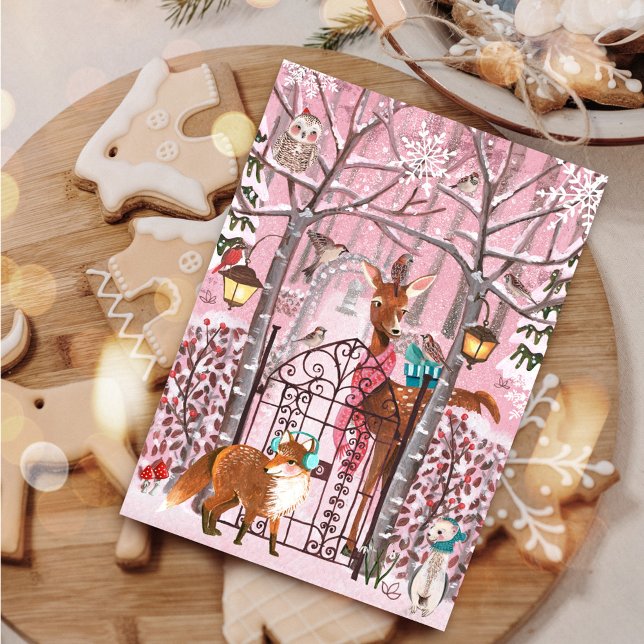 Cute Winter Woodland Pink Christmas Holiday Card (Cute Winter Woodland Pink Christmas Holiday Card)
