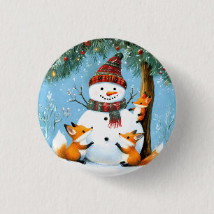 Cute Winter Woodland Snowman Foxes 3 Cm Round Badge