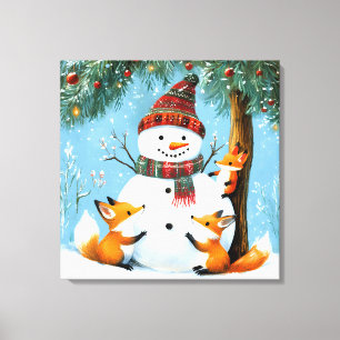 Cute Winter Woodland Snowman Foxes Canvas Print
