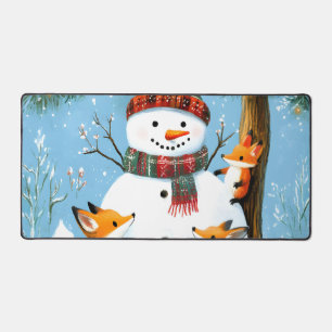 Cute Winter Woodland Snowman Foxes Desk Mat