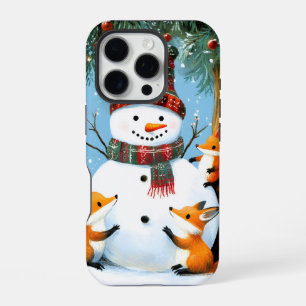 Cute Winter Woodland Snowman Foxes iPhone 16 Pro Case