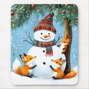Cute Winter Woodland Snowman Foxes Mouse Mat