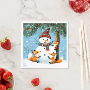 Cute Winter Woodland Snowman Foxes Napkin