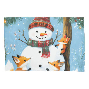Cute Winter Woodland Snowman Foxes Pillowcase